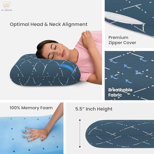 My Armor Cool Gel Memory Foam Pillow, Orthopedic Pillow For Neck Pain Relief & Back Support, Extra-Thick King Size Pillow - 5.5 Inch Thick, Blue Checks Cover - Pack Of 1