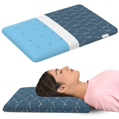 My Armor Cool Gel Memory Foam Pillow Ultra-Thin Size - 2.5 Inch Thick, Orthopedic Pillow For Sleeping & Neck Pain Relief, With Removable Washable Blue Checks Cover - Pack Of 1
