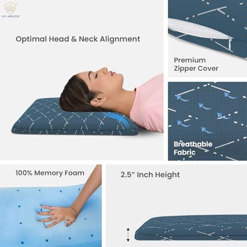 My Armor Cool Gel Memory Foam Pillow Ultra-Thin Size - 2.5 Inch Thick, Orthopedic Pillow For Sleeping & Neck Pain Relief, With Removable Washable Blue Checks Cover - Pack Of 1
