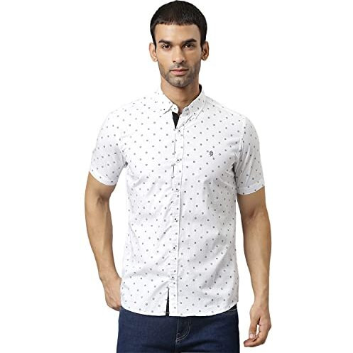 Thomas Scott Men's Printed Slim Fit 100% Cotton Casual Shirt With Button Down Collar And Half Sleeve Bright White