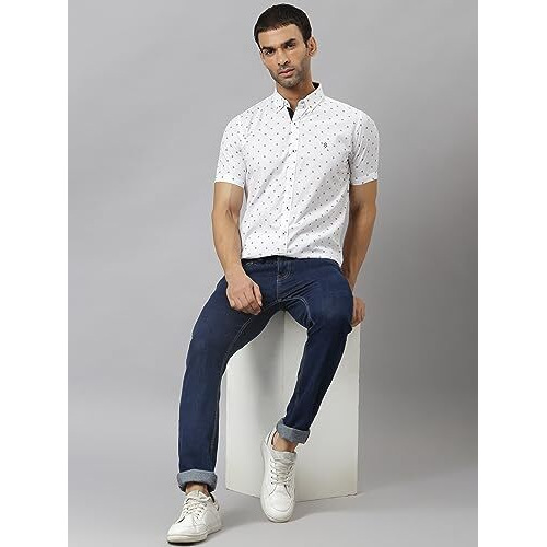 Thomas Scott Men's Printed Slim Fit 100% Cotton Casual Shirt With Button Down Collar And Half Sleeve Bright White