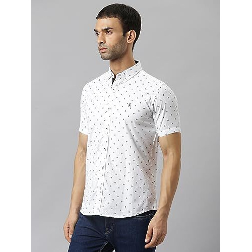 Thomas Scott Men's Printed Slim Fit 100% Cotton Casual Shirt With Button Down Collar And Half Sleeve Bright White