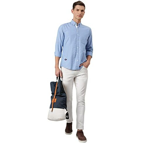 Thomas Scott Men's Solid Slim Fit 100% Cotton Casual Shirt With Button Down Collar And Full Sleeve Blue