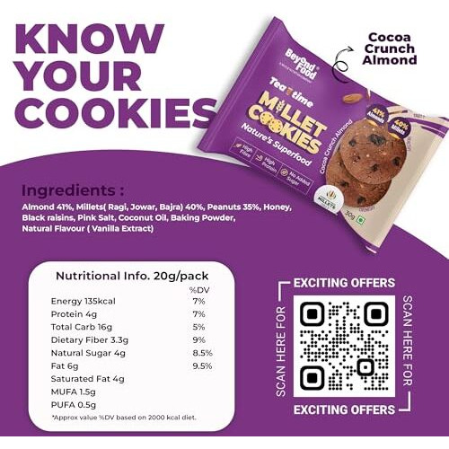 Beyond Food Protein Millet Sugar Free Cookies (Pack Of 12) | Gluten Free | No Added Sugar | Healthy Cookies With Ragi, Jowar & Natural Ingredients | Box Of Cocoa Crunch Almomd Biscuits For Adults