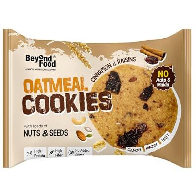 Beyond Food Oatmeal Cookies (Pack Of 12 X 20G Each) | Cinnamon & Raisins Flavor | Gluten Free, Sugar Free, No Aata & Maida | Oats Cookies With Nuts & Seeds | High Protein & Fibre | Oatmeal Biscuits