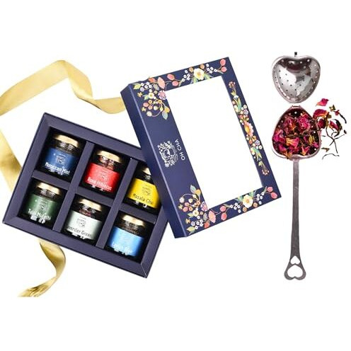 Oh Cha - Assorted Teas Gift Box With Tea Infuser | Tea Gift Set With 6 Flavors And Stainless Steel Tea Strainer | Healthy Exotic Tea Sampler Gift Pack | Wedding Gift | Anniversary Gift | Birthday Gift