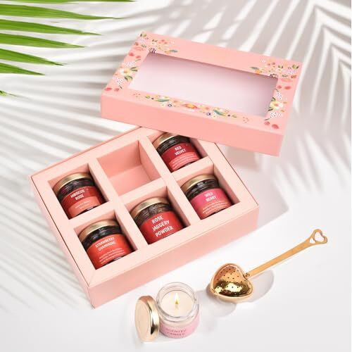 Oh Cha - Tea Gift Set, Luxe Blush Box - Mothers Day Gift | Gift Items For Women | Premium Gift Hamper For Mother's Day | 4 Teas, Scented Candle, Rose Jaggery Powder + Heart Tea Infuser | Wedding Gift For Couples | Gift Hamper