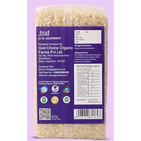 God Choice Organic Farms- Organic Basmati Rice (1Kg) | Certified Organic | Long Grain | Non Sticky | Vacuum Packed
