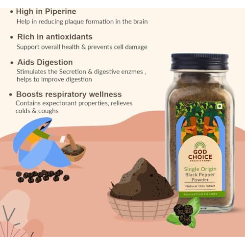 God Choice Organic Farms - Black Pepper Powder 200G | Single Origin | No Additives | Iron-Pounded | Unadulterated (100G *2, Pack Of 2)