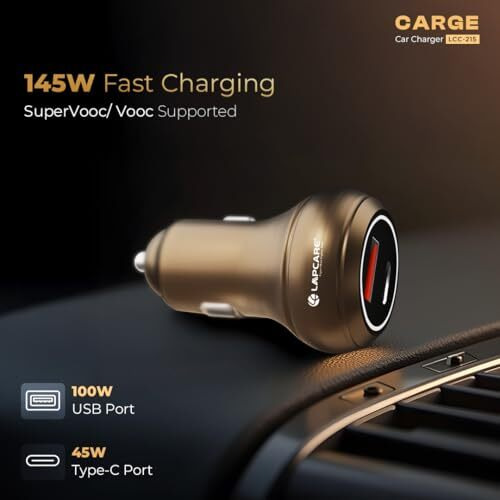 Lapcare Carge 145W Car Charger With Dual Output, Type C (45W) Pd/Pps, Usb Port (100W), Compatible For Smartphones, Usb Devices (Copper & Golden)