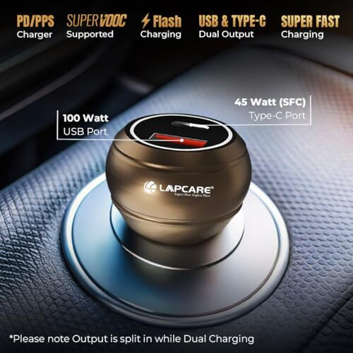 Lapcare Carge 145W Car Charger With Dual Output, Type C (45W) Pd/Pps, Usb Port (100W), Compatible For Smartphones, Usb Devices (Copper & Golden)