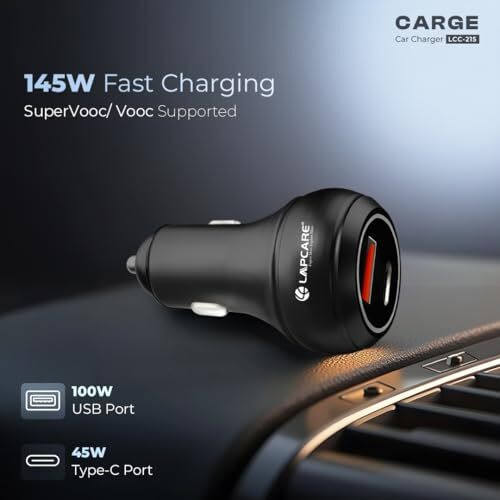 Lapcare Carge 145W Car Charger With Dual Output, Type C (45W) Pd/Pps, Usb Port (100W), Compatible For Smartphones, Usb Devices (Copper & Black)