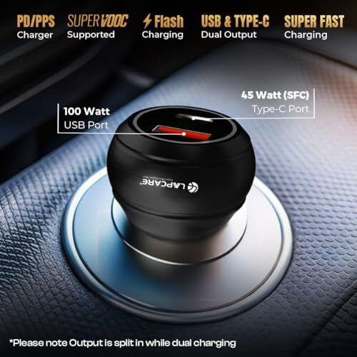Lapcare Carge 145W Car Charger With Dual Output, Type C (45W) Pd/Pps, Usb Port (100W), Compatible For Smartphones, Usb Devices (Copper & Black)