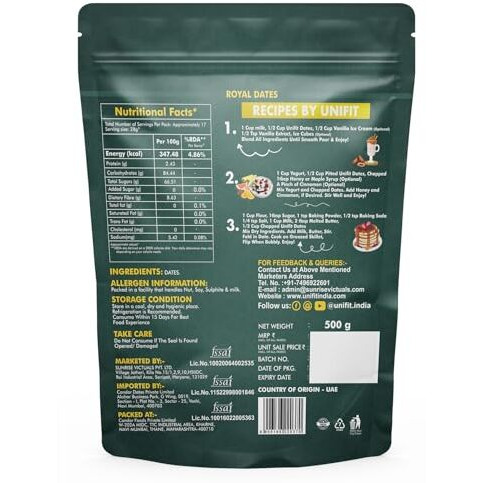 Unifit Royal Dates | Premium Uae Dates | 100% Natural & Nutritious | High Dietary Fiber | No Added Sugar Or Preservatives | Rich In Energy & Essential Nutrients | Khajoor (500G)