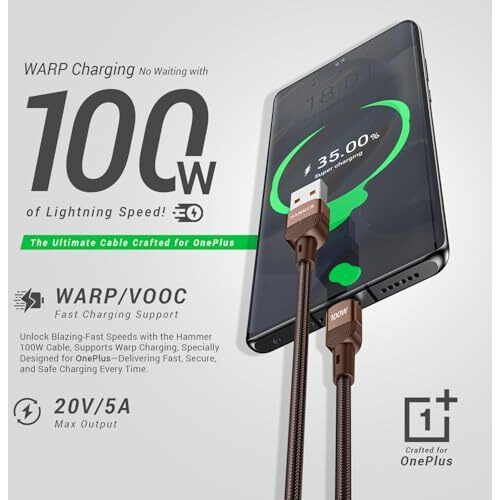 Hammer 100W 5A Usb To Type-C For Oneplus With Warp/Vooc/Flash Support, Super Fast Charging Cable,1.2M Nylon Braided,Tangle Free,480Mbps Data Transfer, Supports Oppo (Brown)