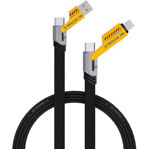 Nu Republic Blaze Fusion-Q 4 In 1 Metal Flat Braided Cable 1.2M 100W With Type L To Type C, Type C To C, Type L To Type A Compatible For Iphones, Ipads, Type C Laptops, Smartphone (Black & Yellow)