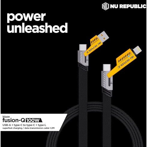 Nu Republic Blaze Fusion-Q 4 In 1 Metal Flat Braided Cable 1.2M 100W With Type L To Type C, Type C To C, Type L To Type A Compatible For Iphones, Ipads, Type C Laptops, Smartphone (Black & Yellow)