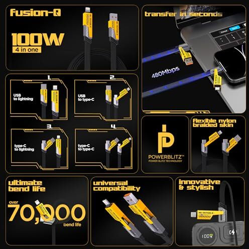 Nu Republic Blaze Fusion-Q 4 In 1 Metal Flat Braided Cable 1.2M 100W With Type L To Type C, Type C To C, Type L To Type A Compatible For Iphones, Ipads, Type C Laptops, Smartphone (Black & Yellow)