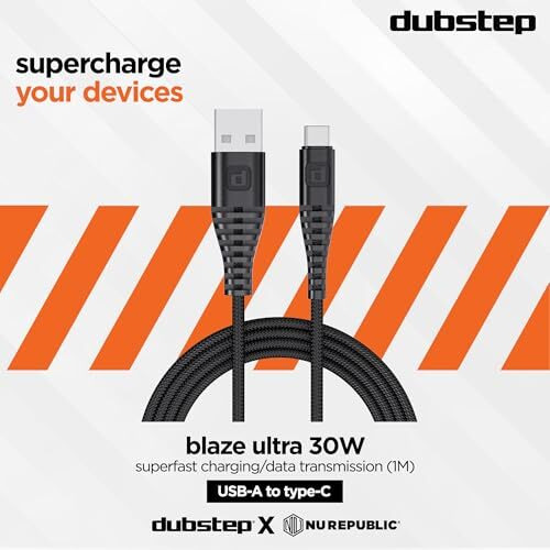 Dubstep Blaze Ultra 30W Type-C 3.5Amp Fast Charging Tangle Free Sturdy 100 Cm Cable For Smartphones, Tablets & Other Type-C Devices With 480 Mbps Data Transmission (Black)