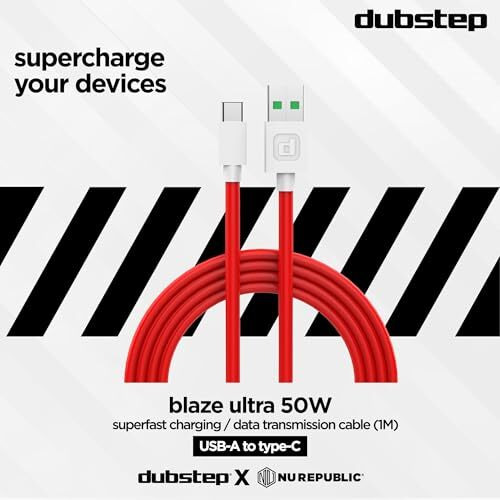 Dubstep Blaze Ultra 50W Usb Type C Cable 3.5 A 1 M Supports All Fast Charging Technologies (Compatible With Mobile, Tablet, Laptop, Speakers, Red, One Cable)