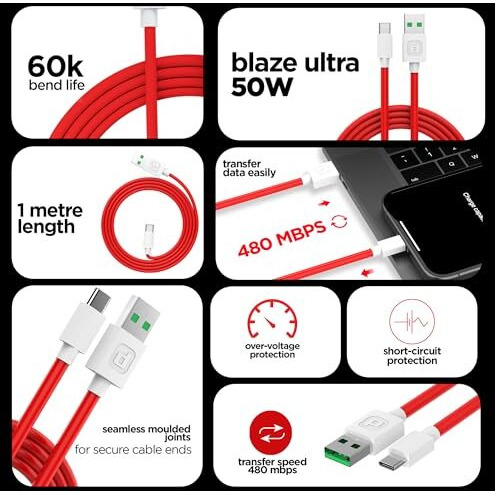 Dubstep Blaze Ultra 50W Usb Type C Cable 3.5 A 1 M Supports All Fast Charging Technologies (Compatible With Mobile, Tablet, Laptop, Speakers, Red, One Cable)