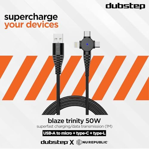 Dubstep Blaze Trinity 50W 3 In 1 Usb Type C Cable 1 M Usb-A To Type-C + Microusb + Type-L Fast Charge Cable (Compatible With Mobile, Tablet, Laptop, Black, One Cable)