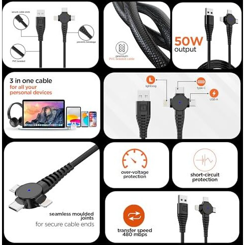 Dubstep Blaze Trinity 50W 3 In 1 Usb Type C Cable 1 M Usb-A To Type-C + Microusb + Type-L Fast Charge Cable (Compatible With Mobile, Tablet, Laptop, Black, One Cable)