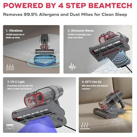 Nuuk Ren Beam Mattress Vacuum Cleaner For Dust Mites, Allergens & Pet Hair | 4 Step Beamtech | Vibration, Uv-C Light, 50000 Hz Ultrasonic Waves, 60C Hot Air Treatment | 7 Grade Filtration With Hepa