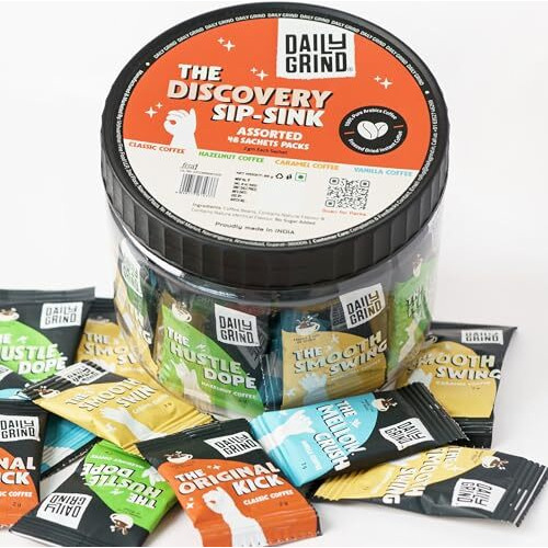 Dailygrind Instant Coffee Sachets - Pack Of 48 | 4 Flavors -96Grams | Assorted Coffee Powder Sachets With Jar - Classic, Hazelnut, Vanilla, Caramel | Flavoured Coffee | Freeze Dried | 100% Arabica
