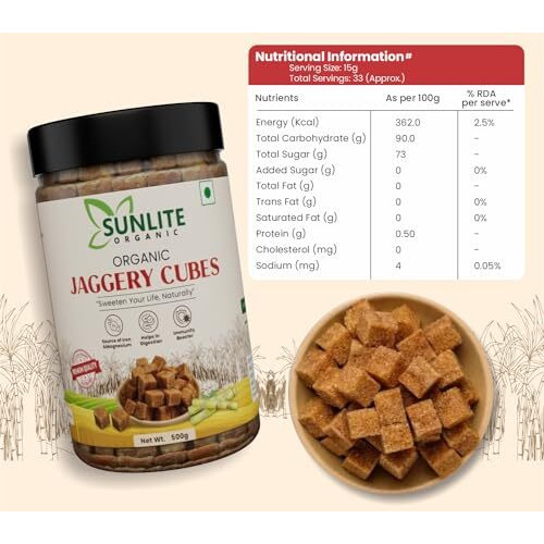 Sunlite Organic - Organic Jaggery Cubes 500Gm I Pure & Natural, Unrefined Certified Organic Jaggery/Gur/Gud I Rich In Antioxidants, Minerals & Vitamins