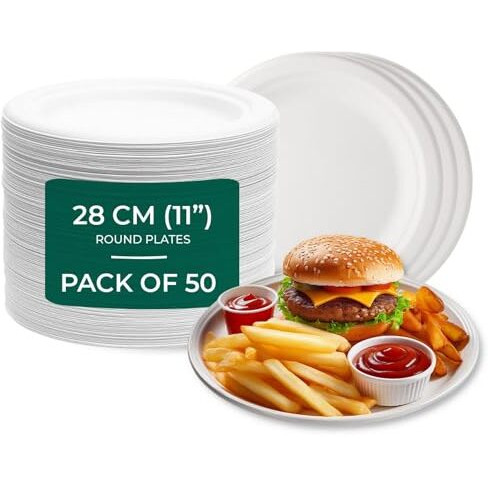 Eco Earth 11In (28Cm) 50 Pack Disposable Bagasse Plates - Sugarcane Plate For Snack Biodegradable Disposal Natural & Eco Friendly Non-Absorbent Heavy Duty Strong, Round, White