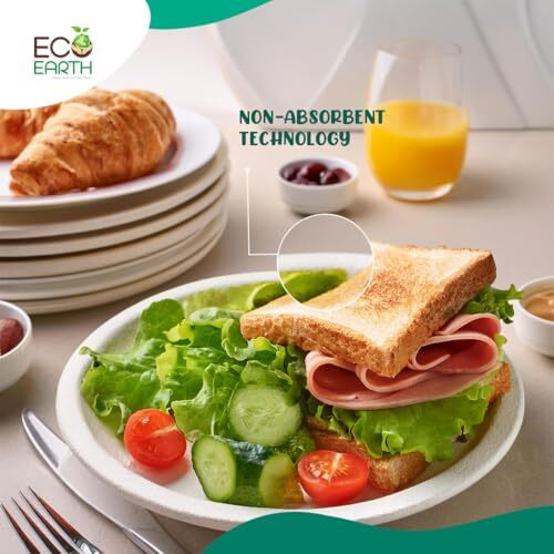 Eco Earth 11In (28Cm) 50 Pack Disposable Bagasse Plates - Sugarcane Plate For Snack Biodegradable Disposal Natural & Eco Friendly Non-Absorbent Heavy Duty Strong, Round, White