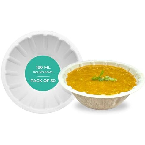 Eco Earth 180Ml (50 Pack) Baggase Disposable Bowls - Sugarcane Paper Bowl Use & Throw Small Katori For Party Biodegradable Disposal Natural & Eco Friendly Non-Absorbent Heavy Duty Strong Sturdy