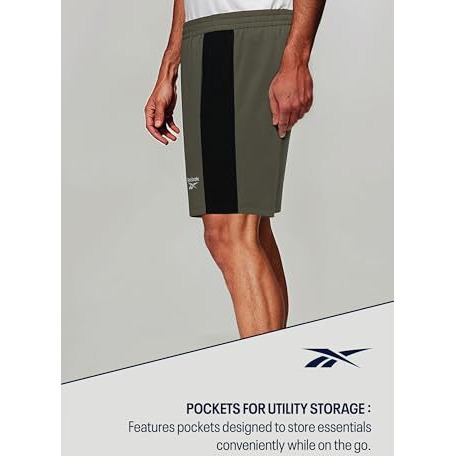 Reebok Men's Army Green Shorts | Training | Everyday Poly Woven Shorts | Regular Fit | 100% Polyester With Speedwick Tech