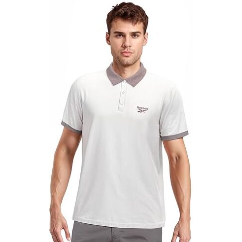 Reebok Men's White Polo T Shirt |Casuals | Stretch Comfort Cotton Polo | Polo/Collar | Regular Fit | Half Sleeve | 93% Cotton 7% Lycra