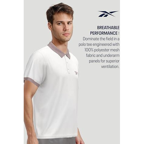 Reebok Men's White Polo T Shirt |Casuals | Stretch Comfort Cotton Polo | Polo/Collar | Regular Fit | Half Sleeve | 93% Cotton 7% Lycra