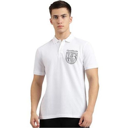 Reebok Men's White Polo T Shirt |Casuals | Iconic Emblem Polo | Polo/Collar | Regular Fit | Half Sleeve | 100% Cotton