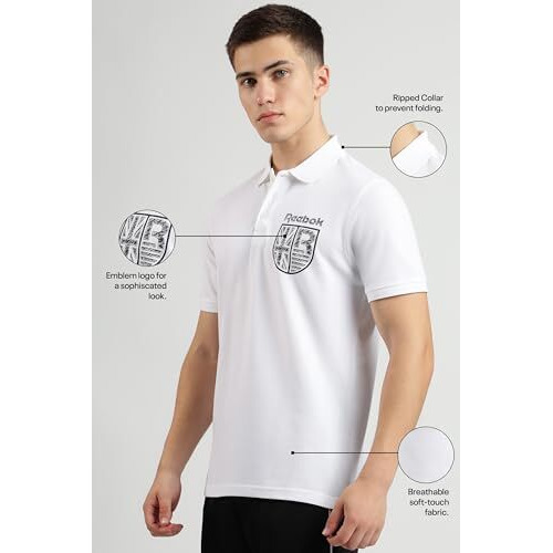Reebok Men's White Polo T Shirt |Casuals | Iconic Emblem Polo | Polo/Collar | Regular Fit | Half Sleeve | 100% Cotton