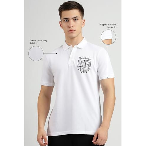 Reebok Men's White Polo T Shirt |Casuals | Iconic Emblem Polo | Polo/Collar | Regular Fit | Half Sleeve | 100% Cotton
