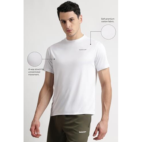 Reebok Men's White T-Shirt |Training | Motion Athletic Poly Tee | Round Neck | Regular Fit | Half Sleeve | 100% Polyester With Speedwick Tech