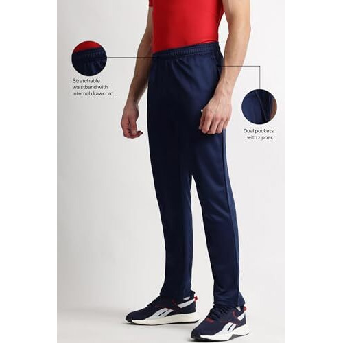 Reebok Men's Navy Mid Rise Track Pant | Training | Essential Poly Knit Trackpnat | Regular Fit | 100% Polyester With Speedwick Tech, Medium