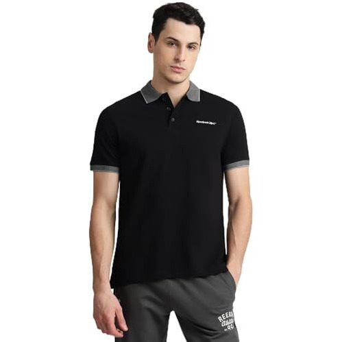 Reebok Men's Black Polo T Shirt |Casuals | Classic Jacquard Collar Polo | Polo/Collar | Regular Fit | Half Sleeve | 100% Cotton