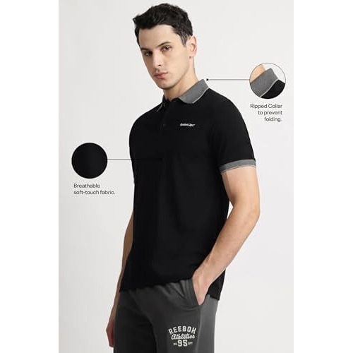 Reebok Men's Black Polo T Shirt |Casuals | Classic Jacquard Collar Polo | Polo/Collar | Regular Fit | Half Sleeve | 100% Cotton