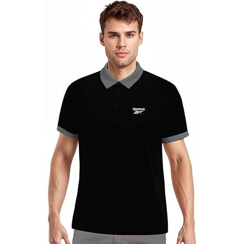 Reebok Men's Black Polo T Shirt |Casuals | Stretch Comfort Cotton Polo | Polo/Collar | Regular Fit | Half Sleeve | 93% Cotton 7% Lycra