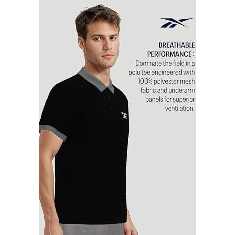 Reebok Men's Black Polo T Shirt |Casuals | Stretch Comfort Cotton Polo | Polo/Collar | Regular Fit | Half Sleeve | 93% Cotton 7% Lycra