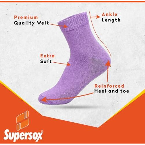 Supersox Ankle Socks For Women Made With Premium Cotton. Solid Design, Anti Odour & Anti Bacterial, Ideal For Daily Casual Wear/Gym/Office - Pack Of 4, Free Size, Multicolor