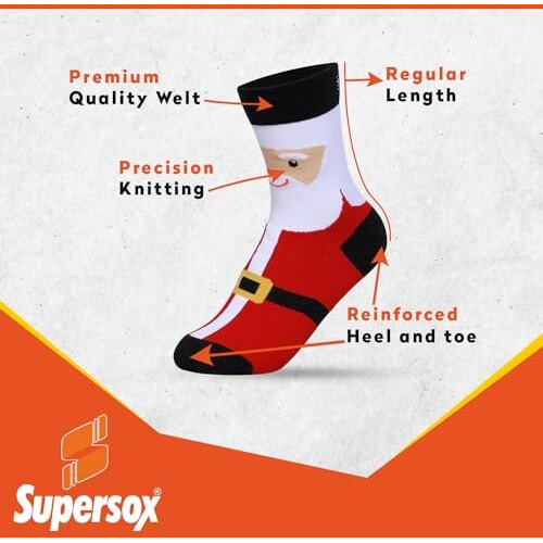 Supersox Christmas Crew Socks For Men & Women - Breathable Combed Cotton - Sweat Absorbent - Anti Odour, Ideal For Gifts, Free Size, Pack Of 4 (Santa, Reindeer, Snow Flakes & Polka Dots)
