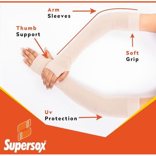 Supersox Sun Protection Arm Sleeves For Men & Women, Upf 50 Arm Cover For Biking,Cricket,Cycling, Golf, Outdoor Sports Made With Combed Cotton (Beige, Pack Of 2)
