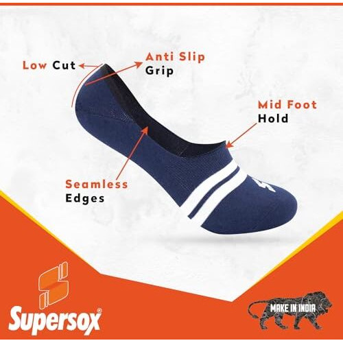 Supersox Low Cut No Show Loafer Socks For Men Combo, Made With Durable, Breathable, Anti Odour & Moisture Absorbent Combed Cotton With Anti Slip Grip, Ideal Socks For Summer (Pack Of 4)