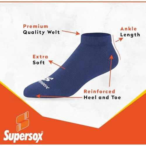 Supersox Ankle Socks For Men Combo, Made With Breathable, Anti Odour & Moisture Absorbent Combed Cotton With A Extra Durable Welt, Ideal Socks For Summer (Pack Of 5)